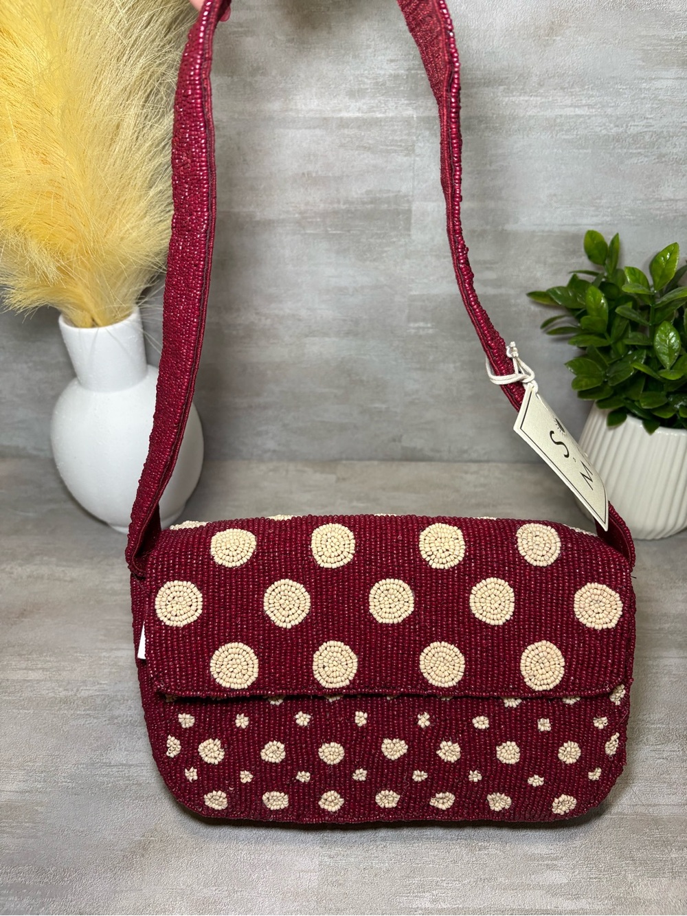 VIRAL/NWT Beaded Polka Dot Bag - Burgundy Cream